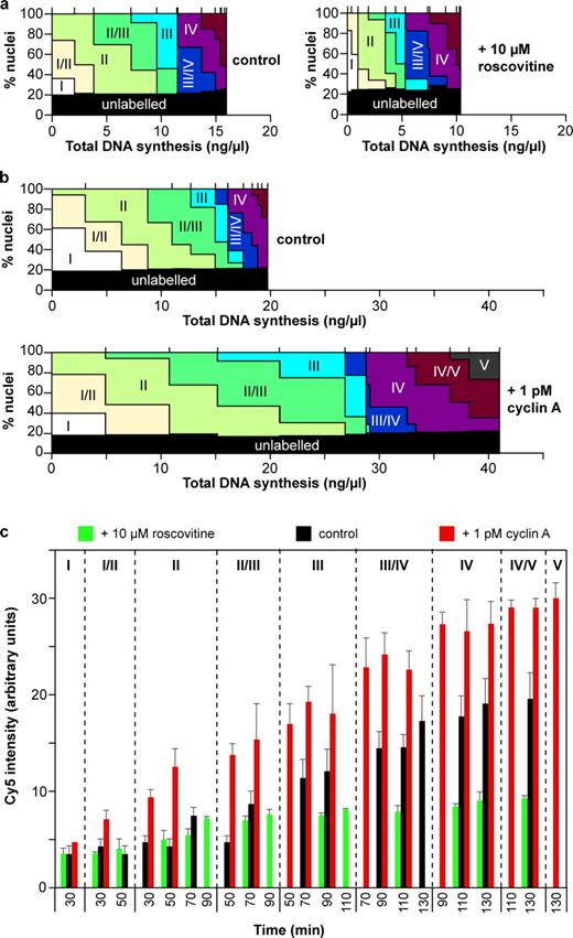 Figure 6. Decoupling of replication and the timing program. CHOC-400 nuclei were incubated at 10,000 nuclei/µl in egg extracts supplemented with geminin ± 10 µM roscovitine or 1 pM recombinant cyclin A. (a and b) Data from Fig. 5 and Fig. S2 are shown where the replication patterns at different times are plotted against the total DNA synthesis that had occurred at each time. Vertical ticks above the plot indicate the boundaries of different time points. (c) Extract was also supplemented with Cy5-dCTP at the start of the incubation. At different times, aliquots were pulse labeled with Cy3-dUTP for 5 min, and individual nuclei were analyzed for replication pattern (Cy3 label) or total DNA synthesis (Cy5 label). Error bars indicate mean ± SD.