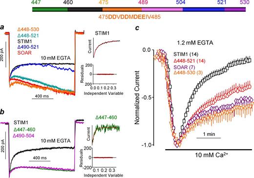Figure 2. FCDI and SCDI of Orai1 current activated by STIM1, SOAR, and STIM1 C-terminal deletion mutants. (a and b) Example traces of FCDI of Orai1 current activated by the indicated STIM1 mutants was measured in pipette solution containing 10 mM EGTA and external solution containing 10 mM Ca2+. For fast inactivation, −100 mV step voltage pulse of 1-s duration were applied when the current was fully developed. Table S1 shows the mean of 5–10 experiments similar to those in a and b of time constants (τ1 and τ2) obtained by fitting the current traces with double or single exponential functions, whichever was appropriate, and extent of inactivation. Example of double (STIM1) and single (STIM1Δ447–460) exponential fits and the quality of the fits (residuals) are shown in the insets. (c) Normalized averaged whole cell current levels at −100 mV measured in HEK cells expressing Orai1 and the indicated STIM1 C-terminal deletion mutants. Pipette solution contained 1.2 mM EGTA and 10 mM Ca2+ was added to the bath at the time indicated, 5 min after establishing the whole cell configuration. Table S1 shows the extent of inactivation in each case. The results are given as mean ± SEM of the number of experiments listed in parentheses.