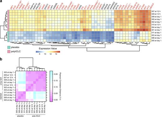 Figure 2. Poly ICLC reliably induces IFN signaling in healthy volunteers. (a) Heat map representation of the normalized expression values. Genes shown are the top 50 differentially expressed at day 1 (FC > 2 at 5% FDR), the group-level peak time point (poly ICLC n = 8 or placebo n = 4). Each volunteer who received poly ICLC (horizontal rows) is represented at the volunteer-specific peak time (right labels), as in Fig. S2. IRGs are highlighted in red. *, genes discussed in the text. (b) Heat map representation of the between-subject correlation of the expression values for IRGs at subject-specific peak times after poly ICLC administration. The color gradient extends from pink, representing perfect correlation (or a correlation distance r of 0, i.e., 1 − r = 0), to cyan for low correlation.