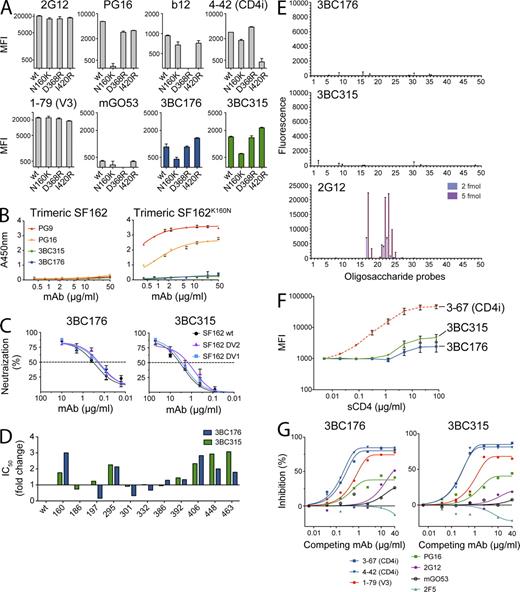 Figure 4. Characterization of the epitope recognized by 3BC176 and 3BC315. (A) MFIs of the antibodies 3BC176, 3BC315, and controls measured at 20 µg/ml on GFP-293TBaL wt and the indicated mutants (N160K, D368R, and I420R). (B) ELISA for binding to SF162 wt (left) and to SF162K160N mutant (right) by PG9, PG16, 3BC176, and 3BC315. Graphs show OD405 nm (y axis) and antibody concentration in µg/ml (x axis). (C) Pseudovirus neutralization measured in TZM-bl assay. Graphs show percent neutralization (y axis) by increasing concentrations of 3BC176 or 3BC315 (x axis) of wt SF162 and mutants lacking the V1 or the V2 loop (SF162 DV1 and SF162 DV2, respectively). (D) IC50 of 3BC176 and 3BC315 neutralization of SF162 wt and 11 SF162 pseudoviruses carrying single mutations at different glycosylation sites or the K160N mutatio.n Position of mutated glycosylation site (x axis) according to HXBc2. For both antibodies, the fold increase or decrease of the IC50 values are visualized. (E) Microarray analyses of 3BC176, 3BC315, and 2G12 binding using a set of 50 oligosaccharide probes as neoglycolipids. Table S4 gives designations of the oligosaccharide probes. The binding signals (fluorescence intensities) shown are the mean values of duplicate spots, printed at 2 and 5 fmol per spot (the error bars represent half of the difference between the two values). (F) Graph shows enhancement of Alexa Fluor 647–labeled antibody binding to GFP-293TBaL in the presence of sCD4. Staining intensity is measured by MFI (y axis), and the starting value normalized to MFI 1,000. 3–67 is a CD4-induced site (CD4i) antibody and was used as control (Scheid et al., 2011). (G) Inhibition of 3BC176 and 3BC315 binding to gp160 ΔcBaL-transfected 293T cells in the presence of sCD4 (10 µg/ml). Graphs show inhibition (in percentage) of Alexa Fluor 647–labeled 3BC176 or 3BC315 (y axis) in the presence of increasing concentrations of the indicated antibodies (x axis). All experiments were at least performed in duplicate, and results of representative experiments (D and G) are shown. Standard errors are shown for A–C and F.