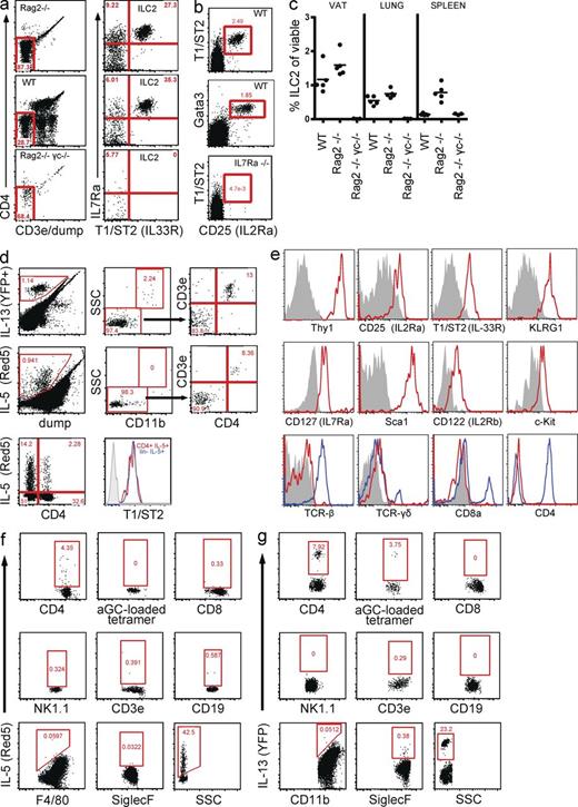 Figure 2. ILC2s are resident within VAT and are the primary cells expressing IL-5 and IL-13. (a and b) Representative ILC2s FACS plots (a and b) and frequency (c) of ILC2s from the VAT SVF of Rag2-deficient, WT, IL7Ra-deficient, and Rag2× γc–deficient C57BL/6 mice. Cells were pregated on lin− lymphoid cells (CD11b−, F4/80−, SiglecF−, SSC-lo, FSC-lo, CD45+; a) or lin− CD3e− CD4− (b). (d) Representative flow cytometry plots showing frequencies of IL-13+ and IL-5+ cells among various cell populations in VAT. (e) Expression of the indicated surface markers on VAT IL-5+ lin− cells (ILC2, red line) compared with VAT CD3ε+ T cells (blue line) and isotype controls (gray; a–e) Data are representative of two or more experiments. (f and g) IL-5 and IL-13 expression on the following VAT populations: CD4+ T cells (CD4), iNKT (aGC-loaded tetramer), CD8+ T cells (CD8), NK cells (NK1.1), CD3ε+ double-negative T cells (CD3ε), B cells (CD19), macrophages (CD11b), eosinophils (SiglecF), and lin− cells (SSC). Cells were pregated as shown in Fig. S2. Data are representative of two or more experiments.