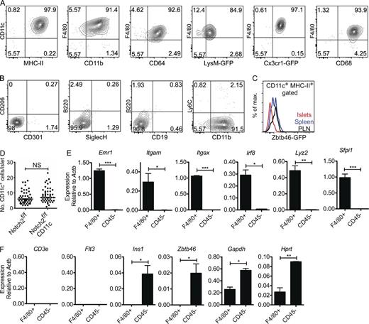 Figure 1. Islet-resident leukocyte profile under steady state. Islets from 8-wk-old B6 mice were analyzed by flow cytometry by gating on single CD45+ cells (see Fig. S1). (A and B) Islet-resident myeloid cells were cell surface positive for CD11c, MHC-II, F4/80, CD11b, CD64, lysozyme (LyzM)-GFP, CX3CR1-GFP, and CD68 (A) and negative for CD206, CD301, B220, SiglecH, CD19, and Ly6C (B). Data are representative of six independent experiments. LyzM and CX3CR1 were examined in LyzM-GFP and CX3CR1-GFP reporter mice. (C) Expression of GFP in CD45+ CD11c+ MHC-II+ gated myeloid cells from islets, spleen, and PLNs of Zbtb46-GFP reporter mice. Data are representative of three independent experiments. (D) Shown is the number of myeloid cells (CD11c+) in whole islets isolated from Notch2f/f CD11c-cre reporter mice. Each dot represents the number of CD11c+ cells per individual islet, and bars indicate the median. Data are representative of two independent experiments evaluating 50 islets per group. (E and F) RT-PCR evaluation on sorted islet-resident macrophages (F4/80+) and the nonleukocyte compartment including endocrine and endothelial cells (CD45−) for the expression of leukocyte and nonleukocyte genes. Data are pooled from three independent experiments using 10 mice per sort. Bars indicate the mean ± SEM. P-values were calculated using unpaired Student’s t test: *, P < 0.05; **, P < 0.01; ***, P < 0.001; NS, P ≥ 0.05. Sample size included two to three samples per experimental group.