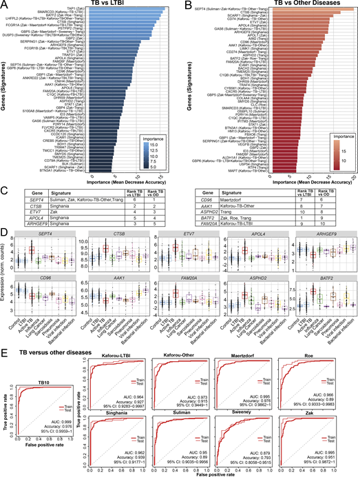 Development of TB10 signature to distinguish TB from ODs.(A and B) Top 50 ranking of the most important genes determined with random forest for distinction between (A) active TB and LTBI patients, and (B) active TB and ODs. x axis represents the mean decrease accuracy (importance) from random forest algorithm for each comparison. y axis depicts the gene names and the reduced signature it comes from. (C) TB10 gene names, signature(s) of origin, and rankings from random forest algorithm importance (mean decrease accuracy) for TB versus LTBI and TB versus OD comparisons. (D) TB10 signature expression profiles from pooled dataset. Box plots depicting the log2 normalized expression values of each gene from TB10 signature, of control, LTBI, active TB, and ODs, with active TB shown to be statistically significant from controls, LTBI, and ODs by ANOVA (Data S4). (E) Comparison of performances of our new TB10 signature against published signatures for TB versus ODs. Receiver operating characteristic curves of training (dashed) and test (plain) sets of random forest models are shown, with AUC and accuracy and 95% CI depicted from the test set. norm., normalized.