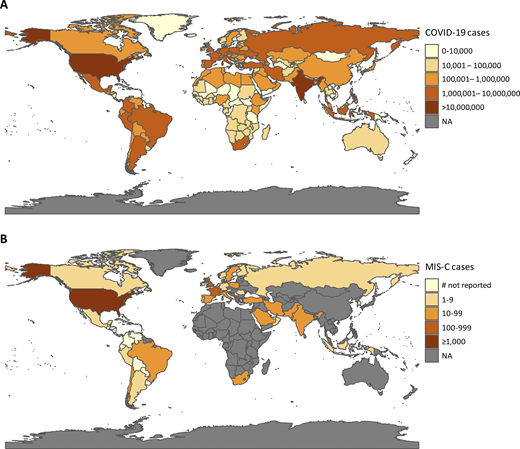 Geographic distribution of COVID-19 and MIS-C cases. (A) Choropleth map of cumulative COVID-19 cases, by country, from World Health Organization data, as of February 11, 2021. (B) Choropleth map of MIS-C cases, by country, as reported in published studies. Countries that have reported cases but have not disclosed the number of cases are denoted as “# not reported.” Only MIS-C cases reported in English-language journals are included. A list of the articles included can be found in Table S1. NA, not applicable.