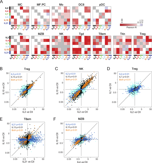 Cell-type-specific relationship between responses to γc cytokines. (A) Correlation matrices between responses to γc cytokines in different cell types. (B–F) FC/FC plots relating changes induced by two cytokines in the same cell. Transcripts whose changes meet a t test P value <0.01 (uncorrected) in one or both treatment conditions are highlighted in different colors. See Table S2 for acronyms.