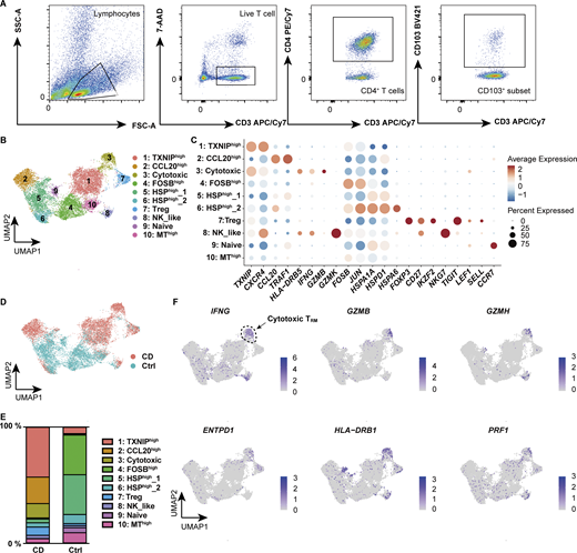 scRNA-seq of CD4+TRMin colon lamina propria. (A) Gating strategy for the identification of CD4+ CD103+ T cells. (B) UMAP plot illustrating the annotation of lamina propria CD4+ CD103+ T cells derived from CD (n = 6, Patient 4–9 in Table S1) and control (n = 6, Ctrl-Patient 4–9 in Table S1) colon samples. (C) Expression levels of selected RNA markers across identified clusters. The dot size represents the percentage of cells expressing the gene within each cluster, while the color intensity reflects the average expression level. (D) Distribution of cells originating from CD (red) and control (blue) samples. (E) Proportional distribution of clusters across different disease conditions. Each bar represents 100% of the cells from a given disease, with segments indicating the relative abundance of each cluster. (F) Feature plot showcasing the expression of key marker genes characteristic of the cytotoxic cluster. The intensity of the color represents the expression levels of each gene, with higher expression indicated by darker shades. Refer to the image caption for details.