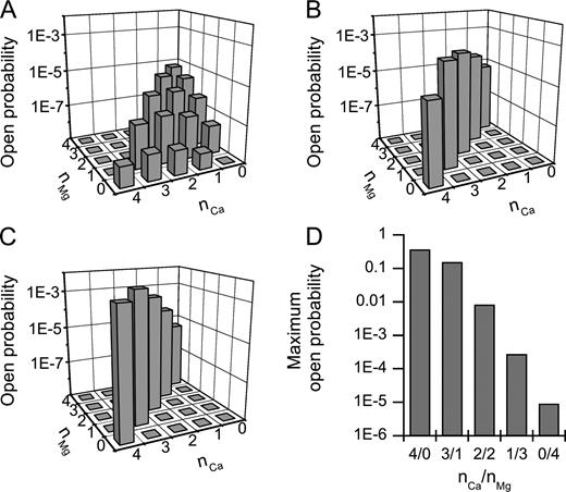 Figure 3. Contribution of different divalent ion–bound states to RYR open probability. (A) Resting conditions (50 nM Ca2+ and 1 mM Mg2+; Eqs. S18 and S19 of supplemental material). (B) Immediately after opening of the first RYR (100 µM Ca2+ and 1 mM Mg2+) and binding of Ca2+ ions to all free RYR-binding sites (Eqs. S20 and S21 of supplemental material). (C) At the steady state (100 µM Ca2+ and 1 mM Mg2+) after a decrease in the mean number of RYR activation sites occupied by Mg2+ from 3.68 to 3.25 (Eqs. S22 and S23 of supplemental material). (D) The maximum open probabilities of RYRs fully occupied by divalent ions at different Ca2+/Mg2+ ratios (nCa/nMg).