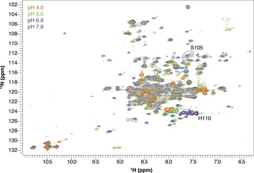 Figure 4. E14D-EmrE has a shifted pH sensitivity. 1H-15N TROSY-HSQC spectra of drug-free E14D-EmrE in DMPC/DHPC isotropic bicelles at 45°C and varying pH values. Note that chemical shifts of His110 and Ser105 (circled peaks) titrate with a higher pKa than the rest of the protein. The pH of each spectrum is indicated by its color as designated in the figure. The full set of pH titration spectra are shown in Fig. S2.