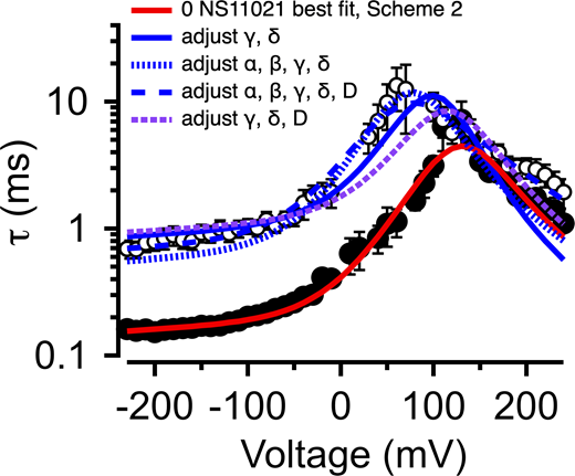 Description of BK channel activity at nominally 0 Ca2+ with 0 or 30 µM NS11021 usingScheme 2. τ versus voltage from patches with nominally 0 µM Ca2+, with 0 (filled circles) or 30 µM NS11021 (open circles). Lines represent fits with Scheme 2 using parameters in Table 3 and Table S3: 0 µM NS11021, red; 30 µM NS11021, adjusted for γ δ, solid blue; adjusted for α, β, γ, and δ, dotted blue; adjusted for α, β, γ, δ, and D, dashed blue; adjusted for γ, δ, and D, dashed purple. These suggest that the major effects of NS11021 on voltage-dependent gating kinetics may be explained in part by adjusting γ and δ in Scheme 2 in combination with adjustments in other voltage-dependent rate constants.