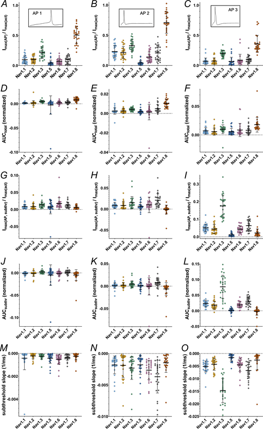 Current and AUC parameters obtained from AP clamping. (A–C) Maximum inward current during the total command AP (AP1–AP3, respectively) (inlets indicate the AP command). (D–F) Area under the current response curve to the total command AP (AP1–AP3, respectively). (G–I) Maximum inward current during the subthreshold phase of the command AP (AP1–AP3, respectively). (J–L) Area under the current response curve to the subthreshold phase of the command AP (AP1–AP3, respectively). (M–O) Slope of the inward current measured during the subthreshold phase of the command AP (AP1–AP3, respectively). Data are normalized to the maximum inward current of activation measurement of the correspondent cell and shown as mean ± SD. Statistical significance from multiple comparisons has not been indicated in the figure panels for readability purposes but can be consulted in Table S14.