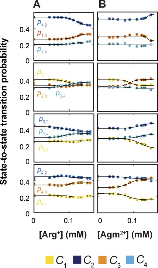Dependence of probabilities of state-to-state transitions on the concentration of ligands. (A and B) Probabilities of state-to-state transitions plotted against the concentration of Arg+ (A) or Agm2+ (B). All data are presented as mean ± SEM, and their representing symbols are color coded for states. The lines superimposed on the data correspond to fits of the respective groups of data to an equation in the same form as Eq. 3. Fitted parameter values are given in Tables S1, S2, S3, and S4. Refer to the image caption for details.