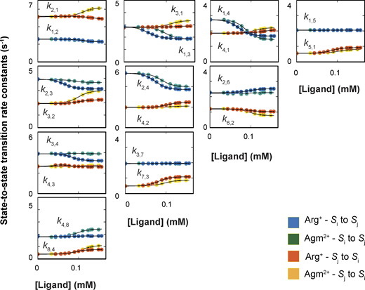 Dependence of apparent state-to-state transition rate constants on the concentration of ligands. Apparent rate constants plotted against the concentration of Arg+ or Agm2+, obtained as described in Results. All data are presented as mean ± SEM. The symbols for (forward) or (backward) rate constants, ki,j or kj,i, are colored blue or red in the case of Arg+, whereas they are colored green or orange in the case of Agm2+. The curves superimposed on the data are fits of an equation with the same form as Eq. 3. Fitted parameter values are given in Tables S1, S2, S3, and S4. Refer to the image caption for details.