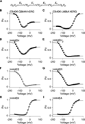 Unconstrained five-state gating polarity model. (A) Gating scheme of the five-state gating polarity model. Voltage-dependent transition steps, K1 and K2, and voltage-independent transition steps, K3 and K4, are all freely floating parameters. C is the closed state, and O is the open state of the pore. V is the state of the voltage sensor, where VR is at rest. Subscripts H and D for all O and V states indicate states upon membrane hyperpolarization and upon membrane depolarization, respectively. Equations for calculating PO−V plots are described in Materials and methods. Fitting of the PO−V plots to data using the gating scheme are shown as a solid black line in figure panels (B–I). Parameter values used for these fittings are reported in Table S1. PO−V scatter plot data in B and C are adapted from Tristani-Firouzi et al. (2002), and normalized again such that the maximum PO is normalized to 1 (i.e., relative current/maximum relative current). PO−V scatter plot data in D–I are adapted from Lin et al. (2024). (B–I)PO−V scatter plot data of D540K-Q664A hERG (upward-pointing triangle ▲), D540K-L666A hERG (square ■), HHHEH (diamond ♦), HHHEH2 (downward-pointing triangle ▼), HHHES (asterisk *), HHHER (right-pointing triangle ►), HHHEK (pentagram ★), and HHHEA (left-pointing triangle ◄).