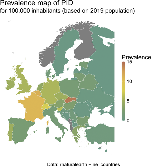 IEI/PID minimal prevalence map according to ESID-R patient numbers and the 2019 population (same data as inTable S1).