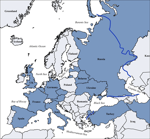 Countries with national patient registries or national sub-registries within the ESID-R according to the 2024 ESID survey (all participating IEI/PID centers worldwide are listed inTable S5). Blue line: approximate boundary of geographical Europe.