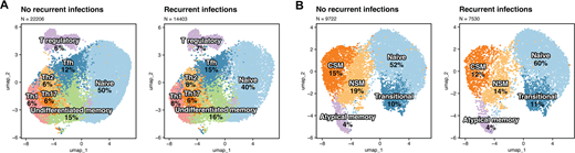Subcohort of 22q11.2 DS patients with recurrent infections had a higher number of Tfh cells (1A), and a lower number of class-switched memory B cells (1B) compared to patients without recurrent infections. Refer to the image caption for details.