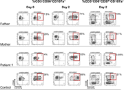 Flow cytometry plots showing cell degranulation assays in family members.