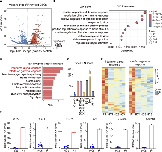 A multi-panel image depicts gene expression and pathway analysis in patient PBMCs.